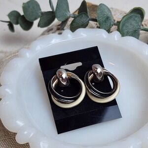 Retro Multi-Tone Pierced Earrings Silver Gold Black Cream Post w/Loop Neutral